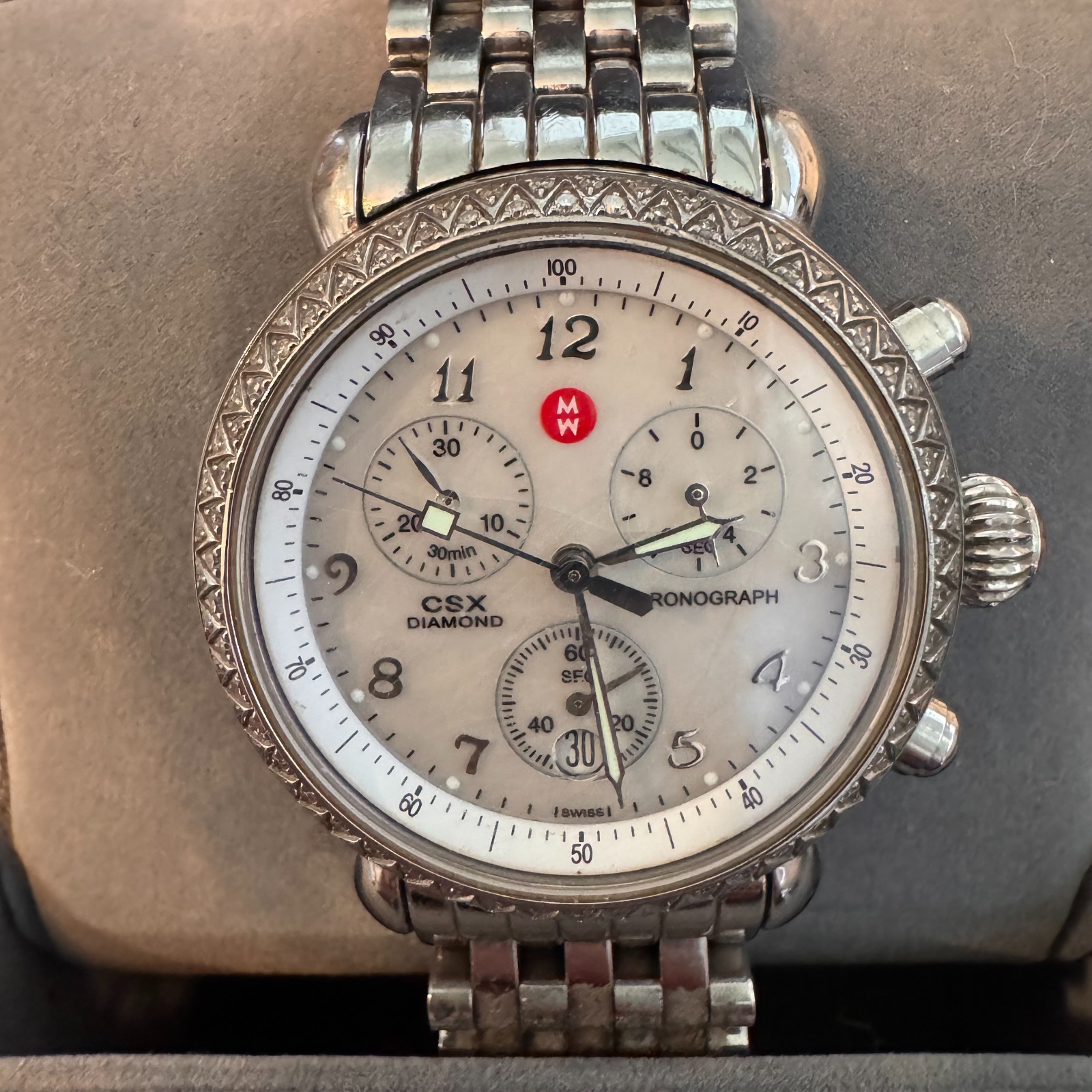 Michele Diamond CSX Chronograph Watch Stainless Steel MOP Face