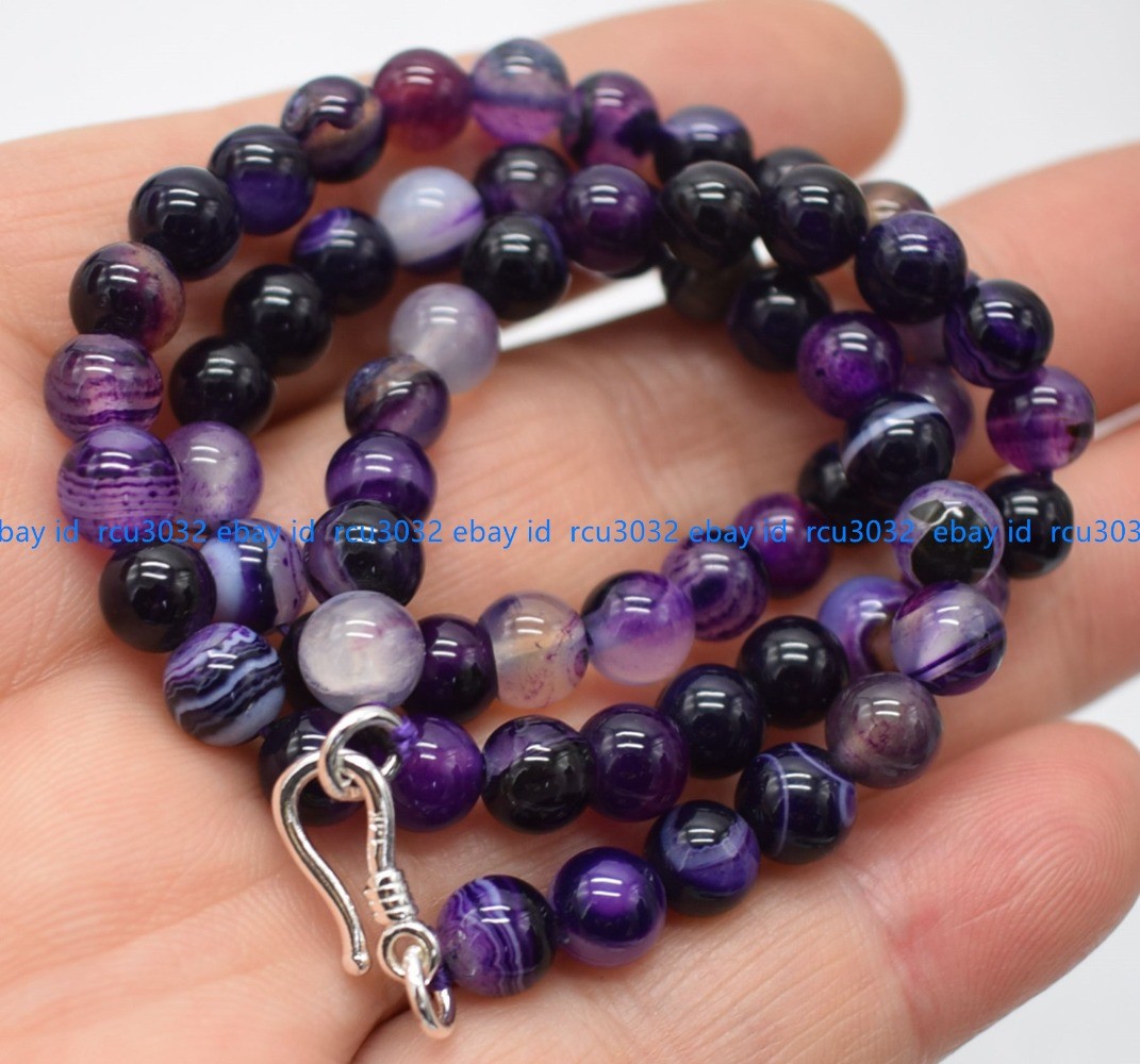 New 6mm Natural Purple Striped Agate Gemstone Round Bead Necklace 16-36 Inches