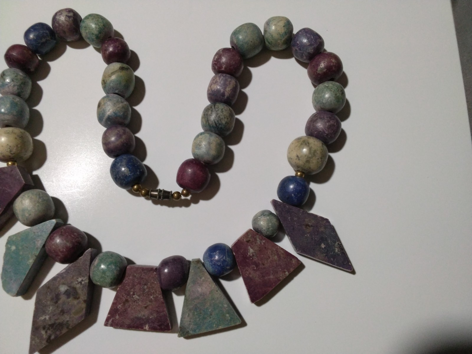 Artisan Multi Gemstone Statement Necklace 19” Chunky Geometric Tabs Lapis Agate