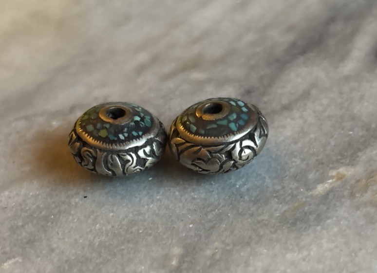 Two Vintage Tibetan Turquoise Beads in Intricate Repousse Silver 15x10mm CC210