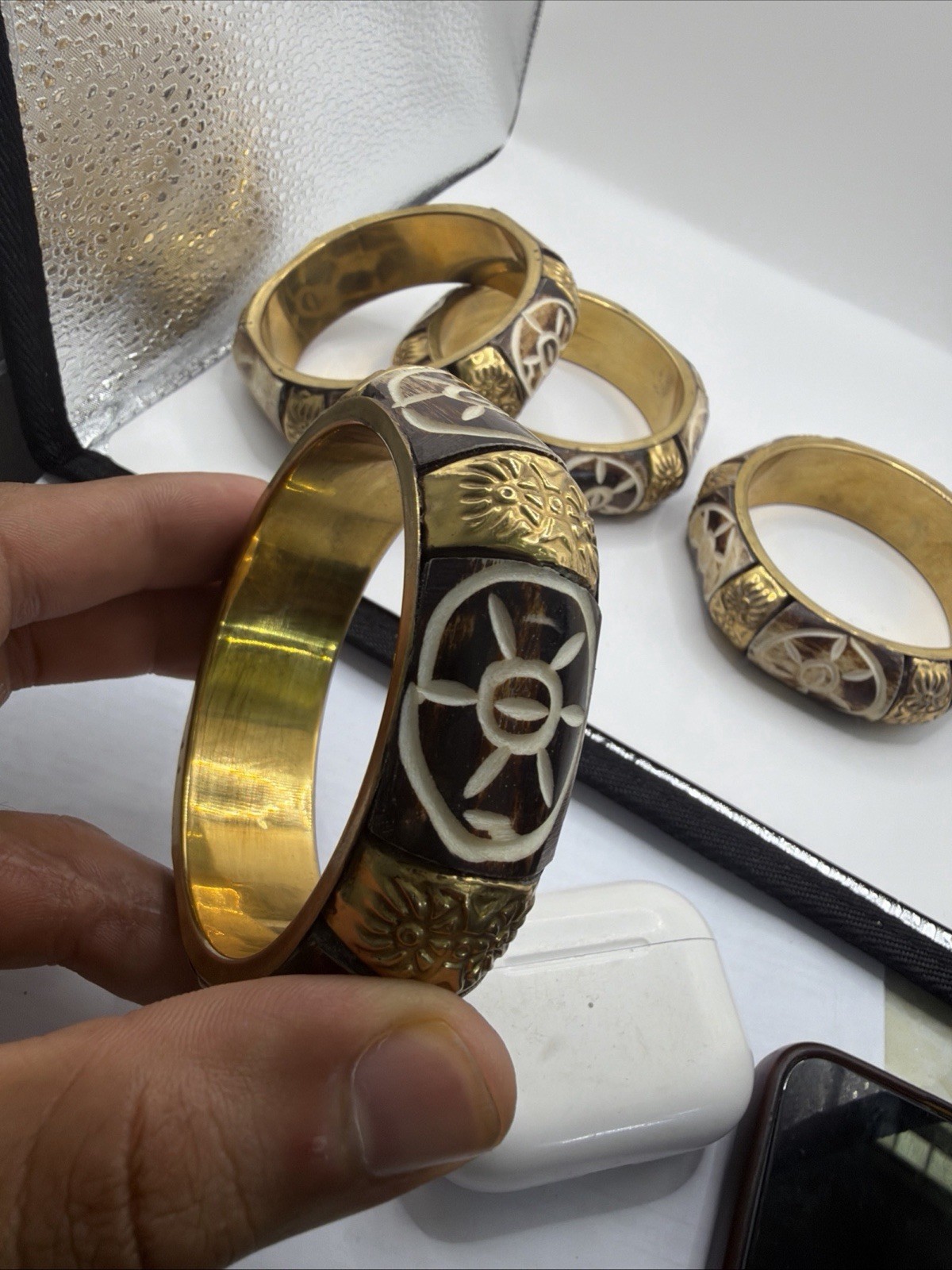 4pcs Buffalo Horn & Bone Inlay Brass Bangle Bracelet Handmade Ethnic Jewelry