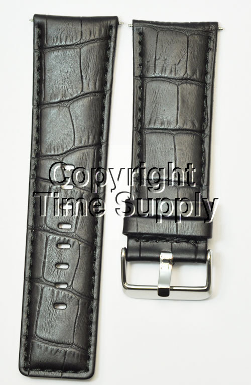 28 mm BLACK LEATHER WATCH BAND CROCO WITH SPRING BAR