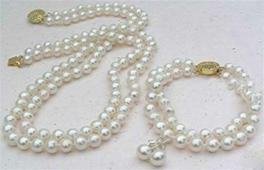 2 Rows White 8mm Akoya Cultured Shell Pearl Necklace Bracelet Earrings Set AAA