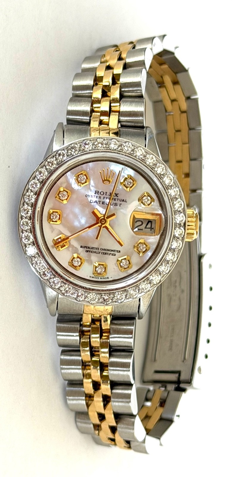 ROLEX LADIES WATCH DATEJUST TWO TONE 18K. GOLD MOP DIAMOND DIAL & DIAMOND BEZEL