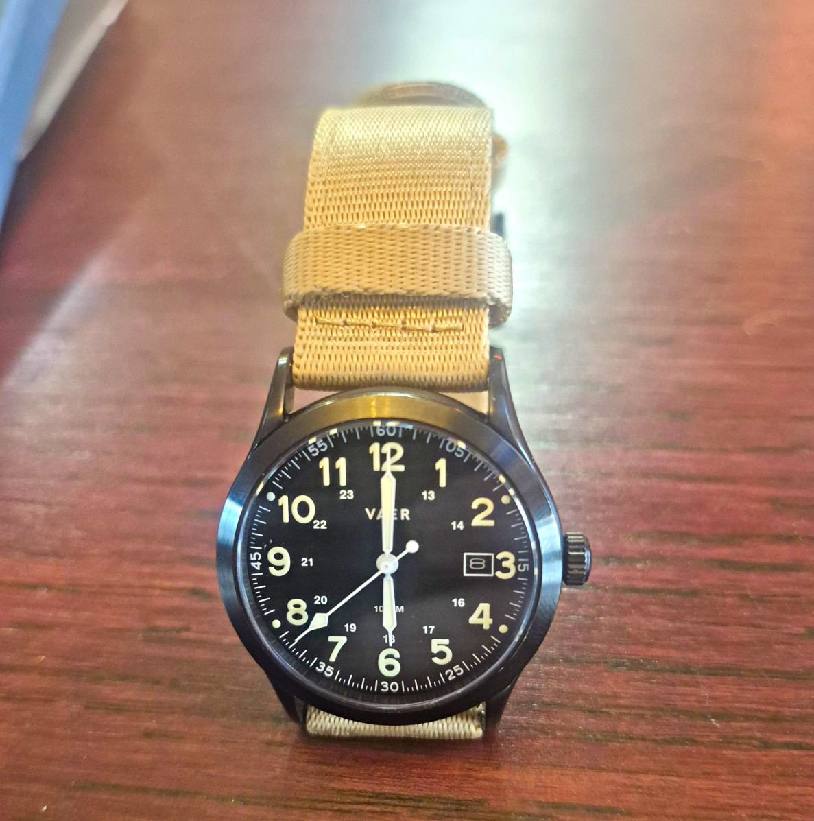 VAER S3 36mm Quartz Field Watch Black Dial Date Sapphire 100m Beige Nylon