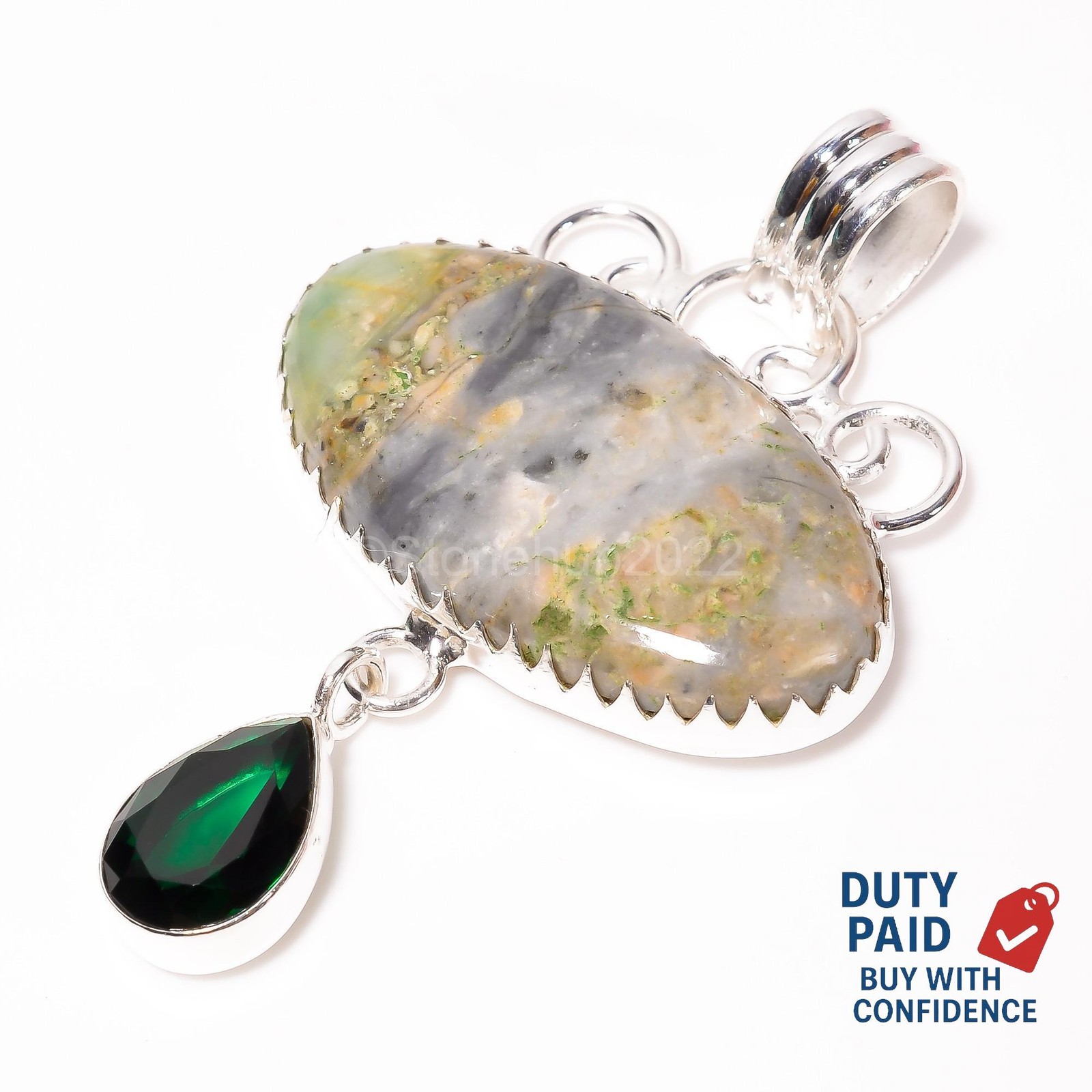 925 Sterling Silver Genuine Ocean Jasper Chrome Diopside Wife New Ethnic Pendant