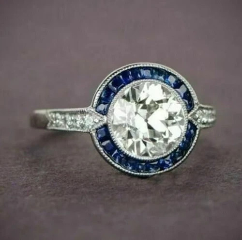 Art Deco Style Lab Created Diamond Sapphire Halo 14K White Gold FN Wedding Ring