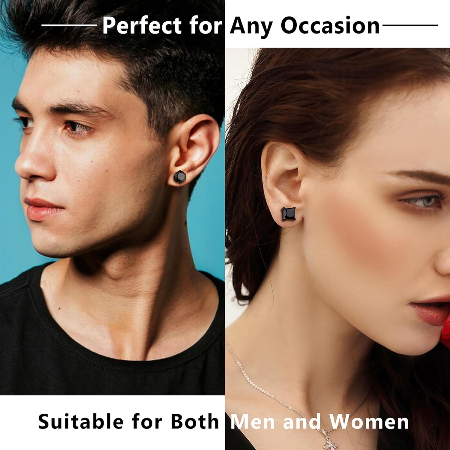 2Pairs Hypoallergenic Black Stud Earrings for Men Women 316L Stainless Steel Squ