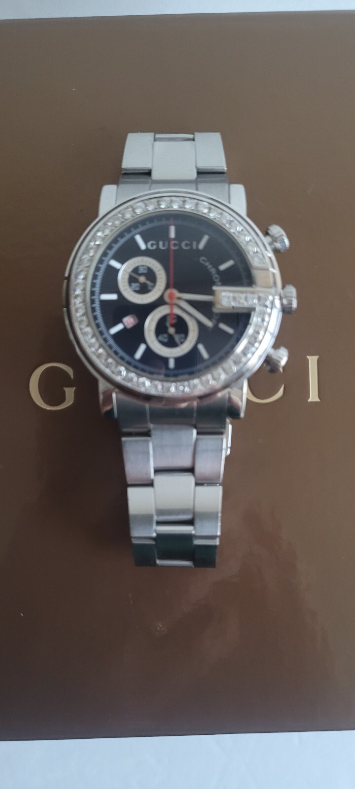 Gucci Chronoscope Watch 46 Diamond Bezel Mens’ SS Band Model #YA101309