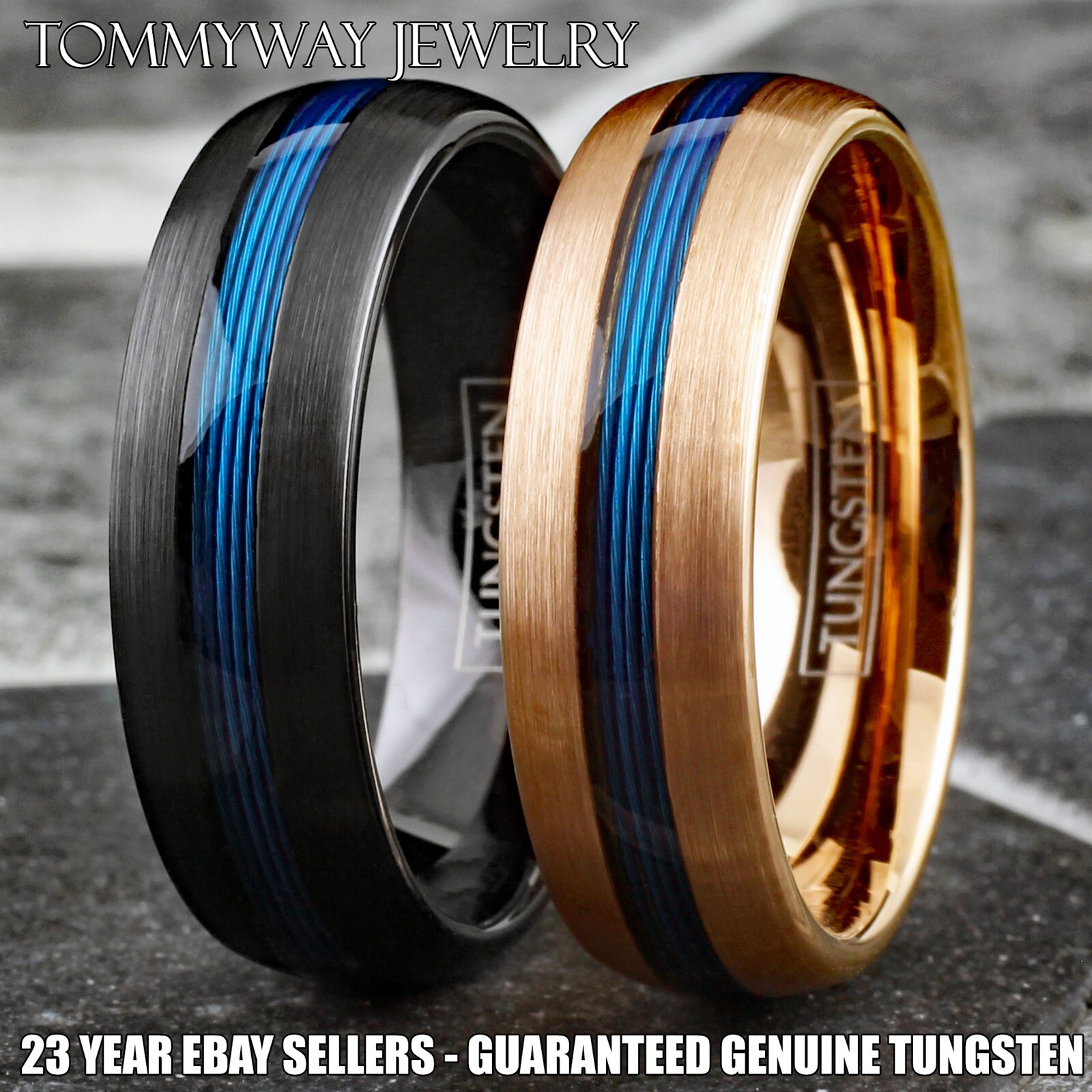 Tungsten Carbide Blue Fishing Line 7mm Brushed Band – Black or Rose Gold Plated