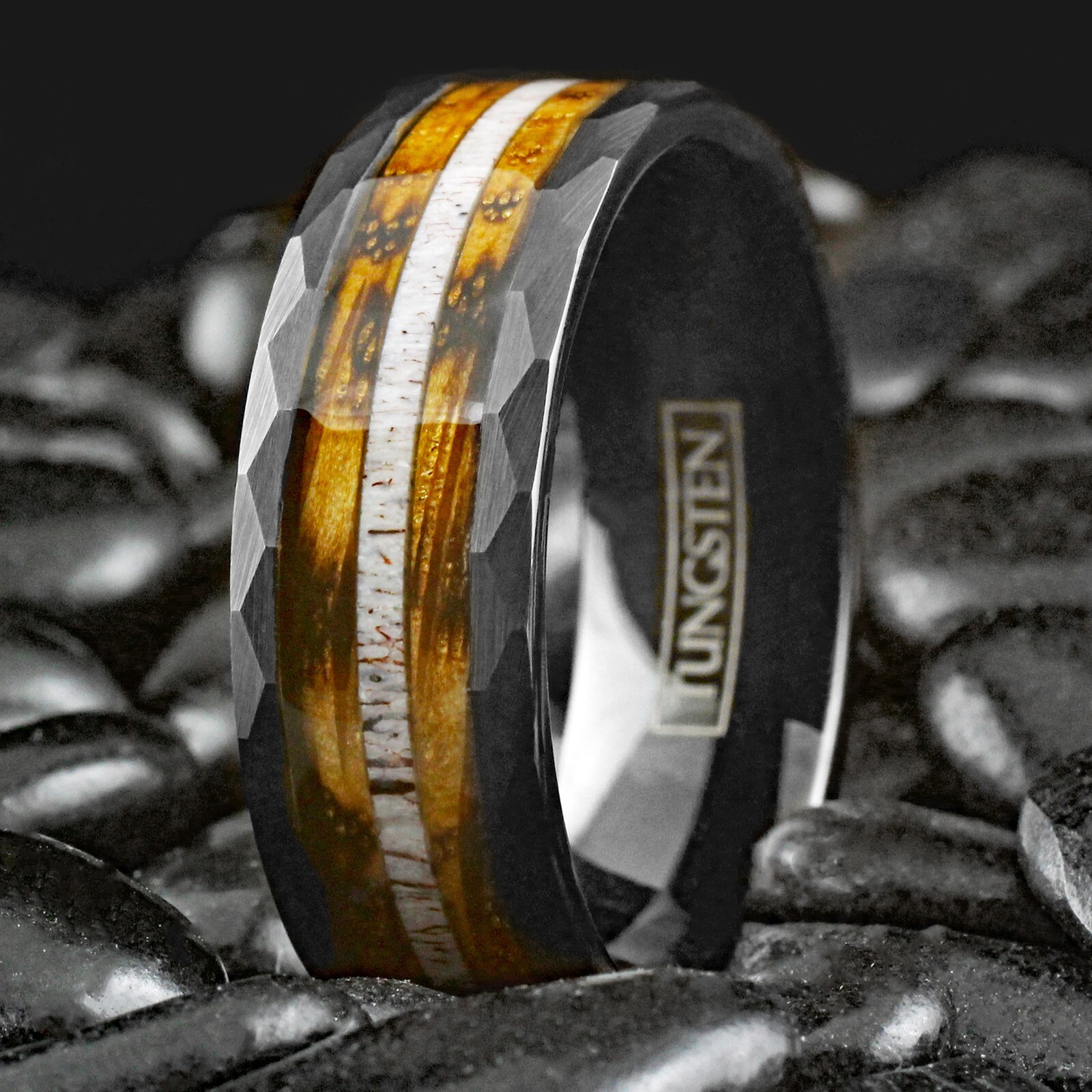 Black Tungsten Carbide Mens Ring Deer Antler Charred Whiskey Barrel Wedding Band