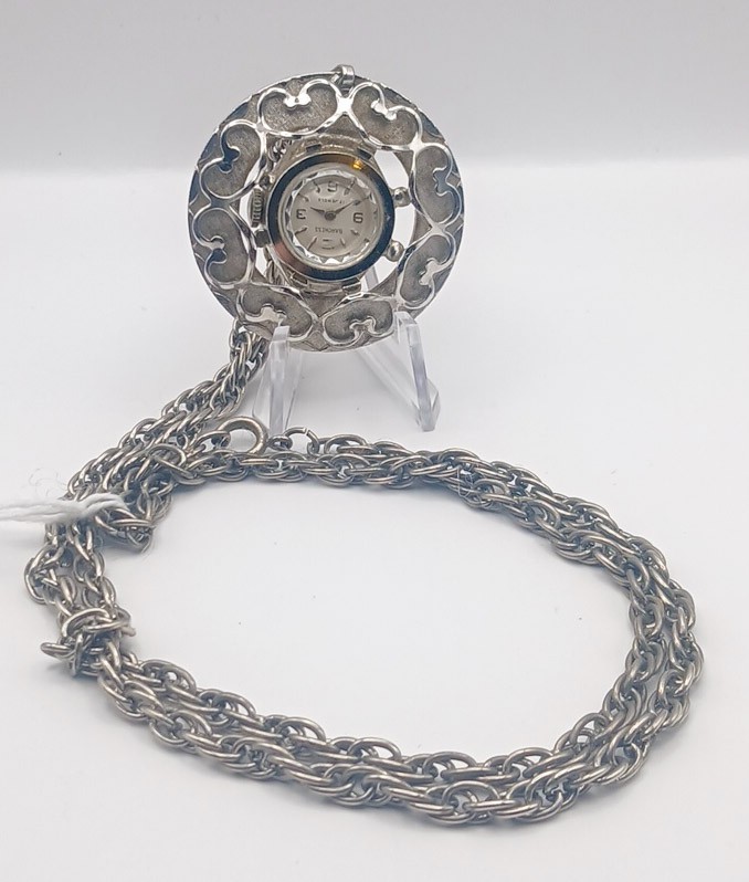 12IN, 35MM, Vintage Baroness 17 Jewels Pendant Watch Necklace Swiss Mechanical