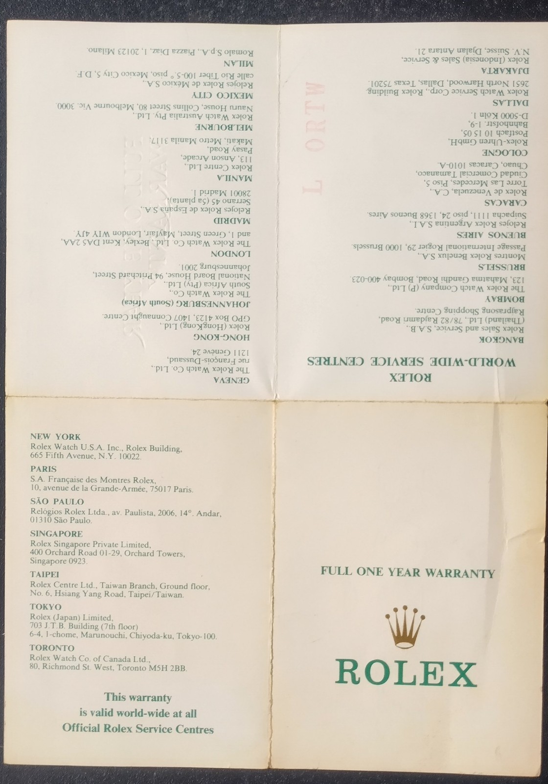 Rolex Full One Year Warranty Manual Certificate & Service 6916 “R”