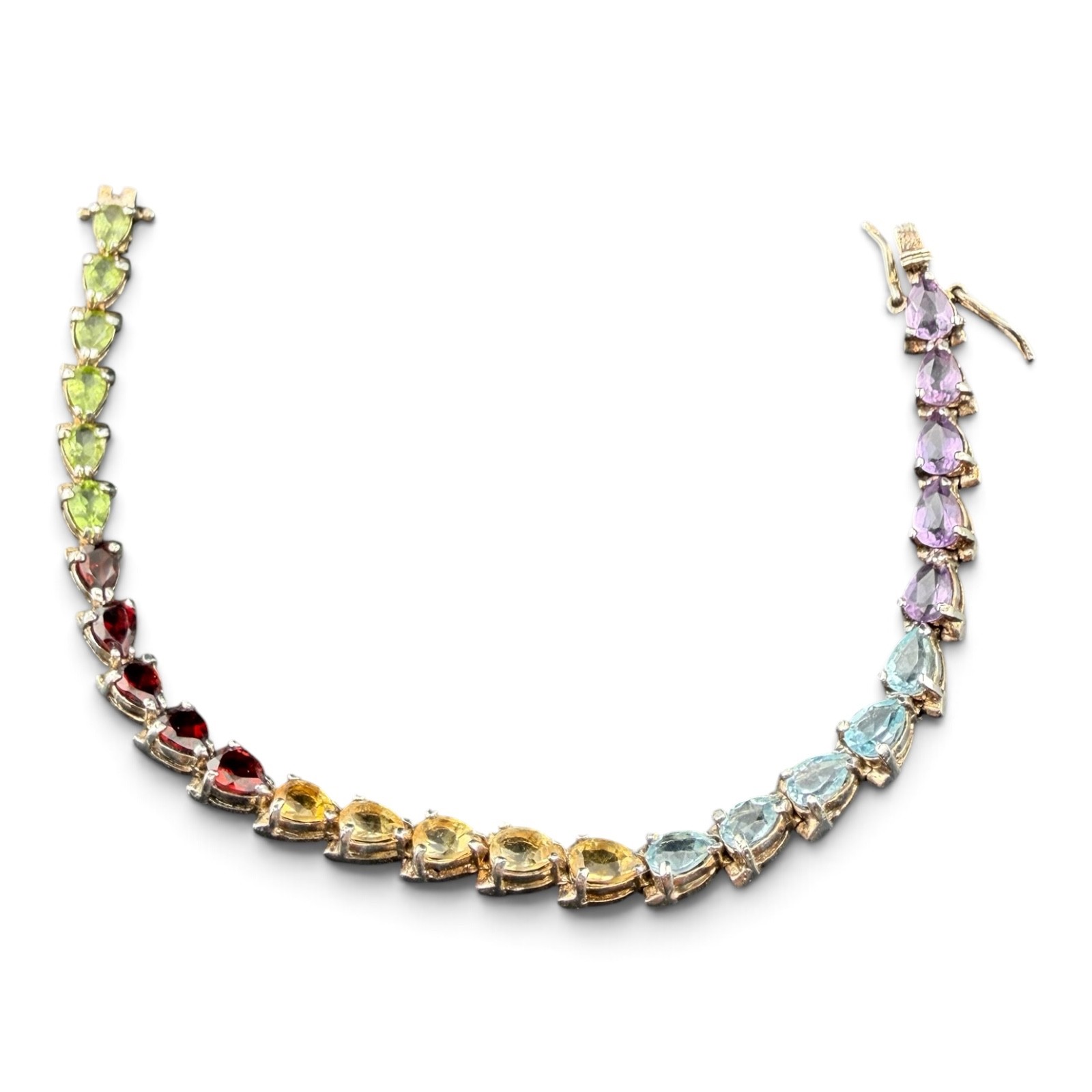 Beautiful 925 Silver and Multi Semi Precious Pear Shaped Stone Tennis Bracelet