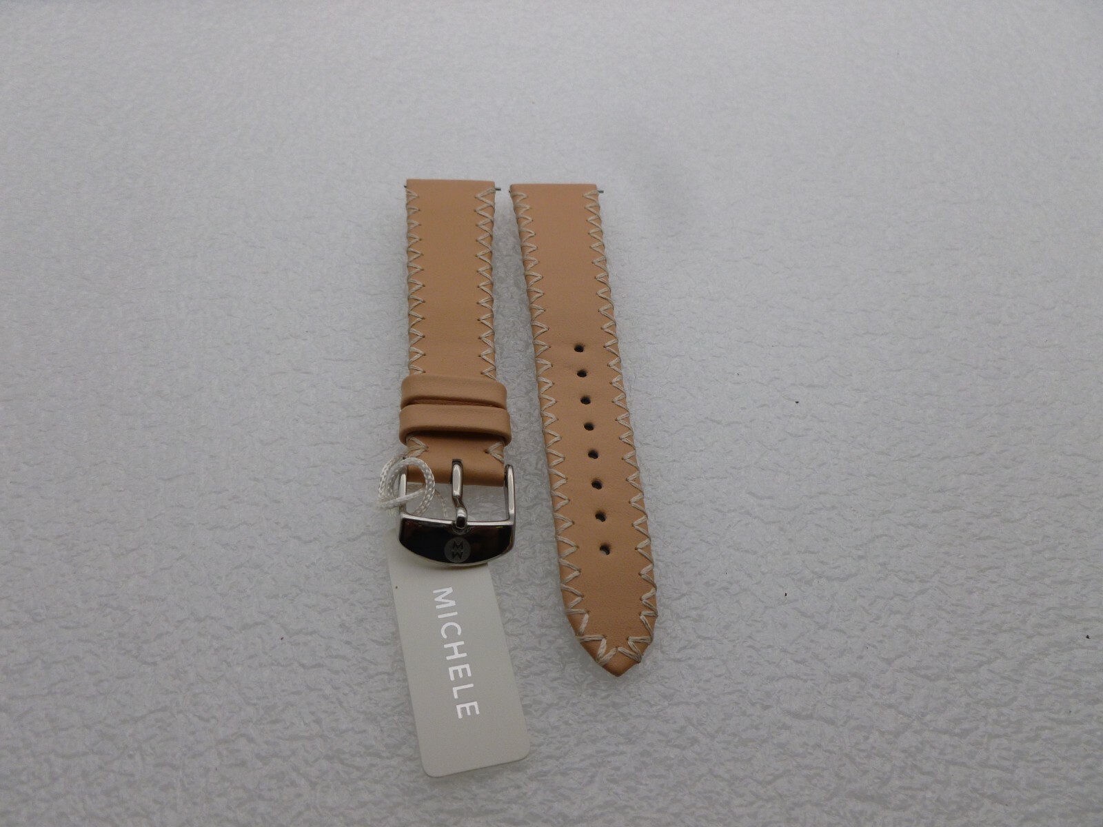 Genuine Michele 18mm Sand W/Withe Steches Genuine Leather Watch Band Strap NEW