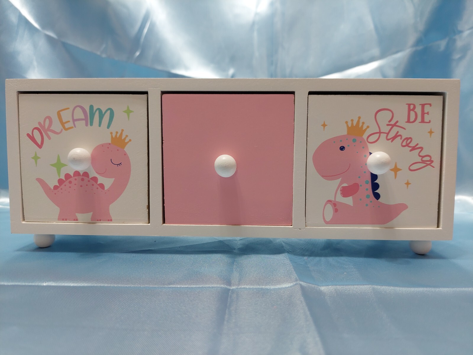 SUPER ADORABLE WOODEN THREE DRAWER HANDMADE TRINKET / JEWELRY BOX 12″ LONG NEW