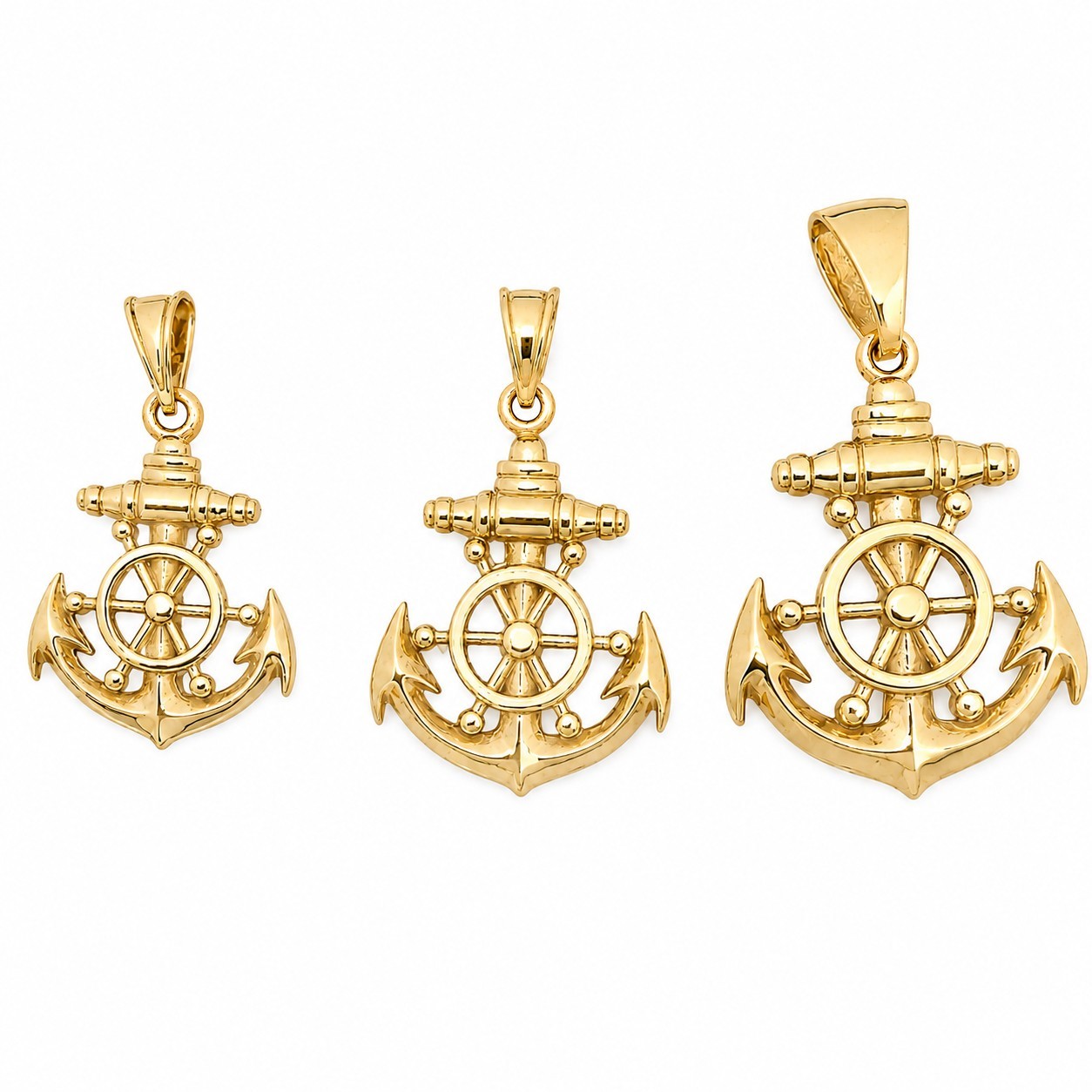 Solid 14K Yellow Gold Mens Anchor Pendant Nautical Ship Wheel Marine Charm
