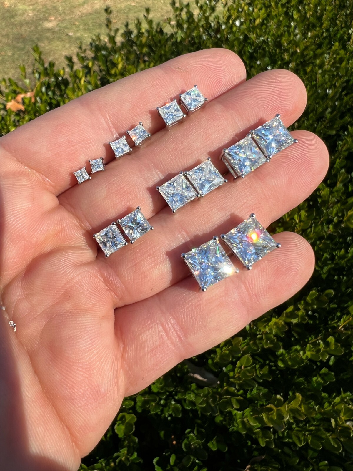 Real MOISSANITE Square Princess Stud Earrings Unisex 925 Silver Passes Tester