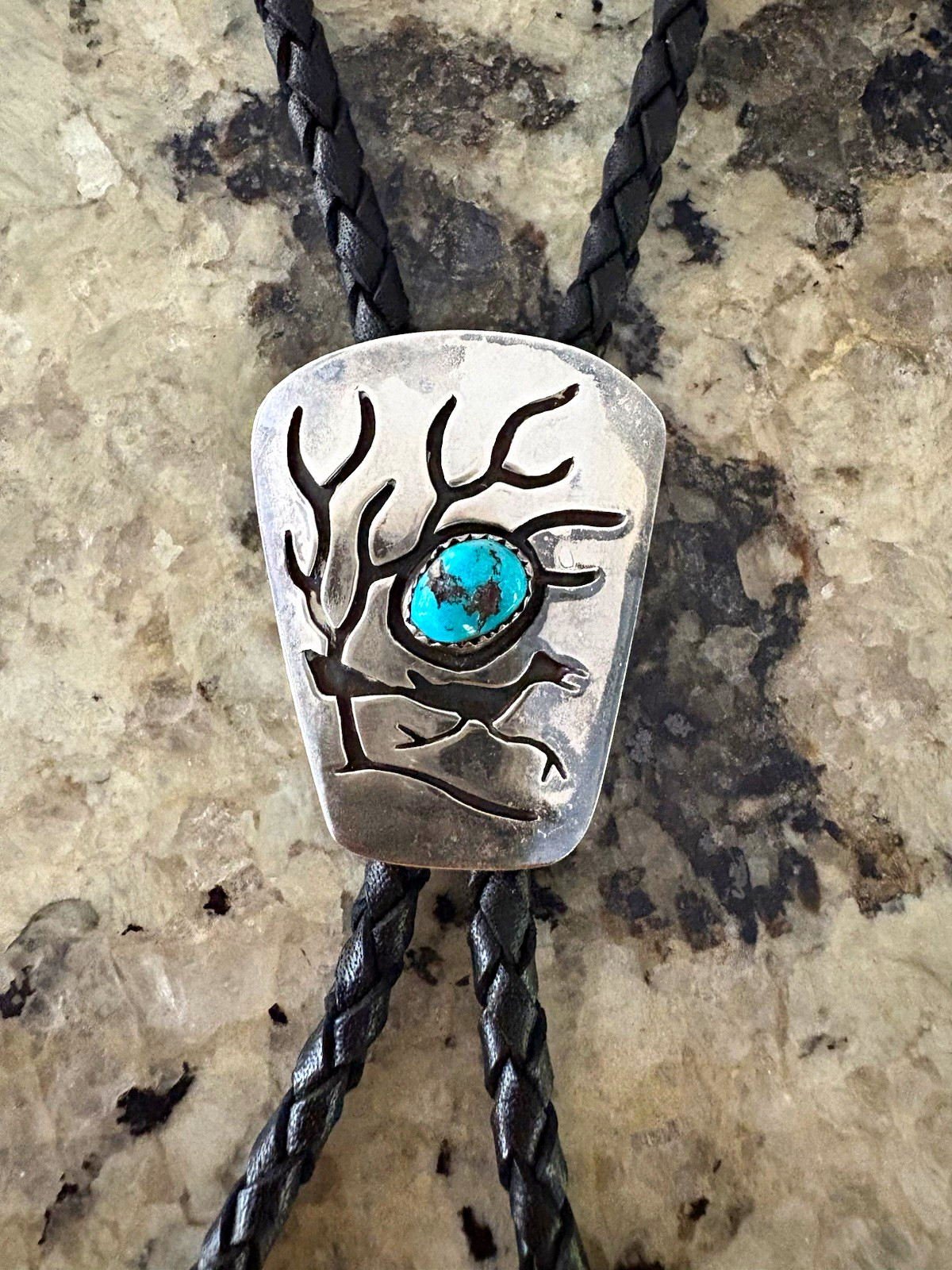 Bennett Road Runner Bolo Tie Silver Turquoise Braided Leather Southwest