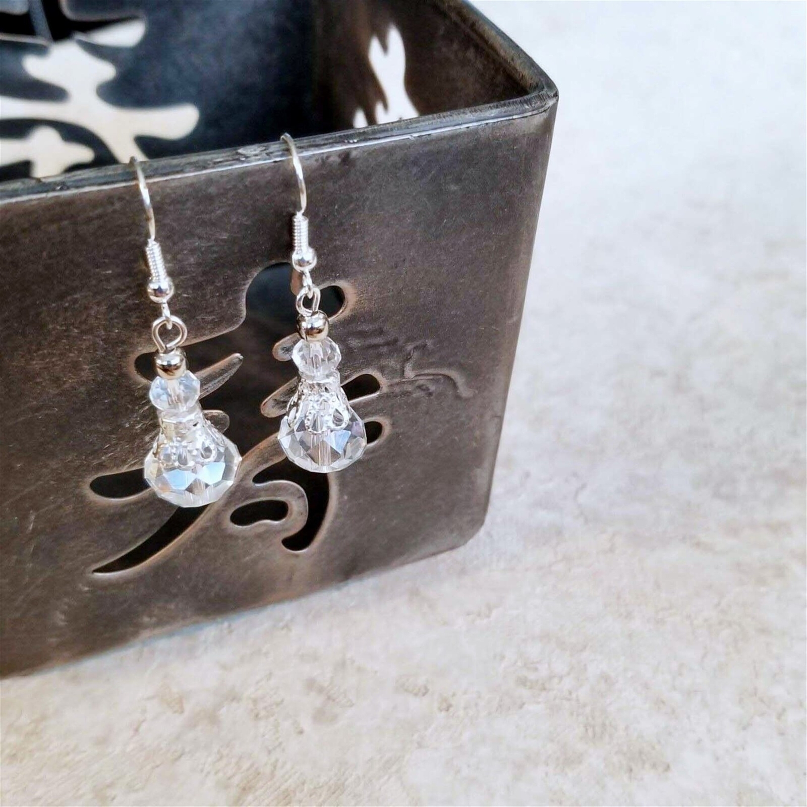 Victorian Clear Crystal Silver Filigree Basket Handcrafted Earrings