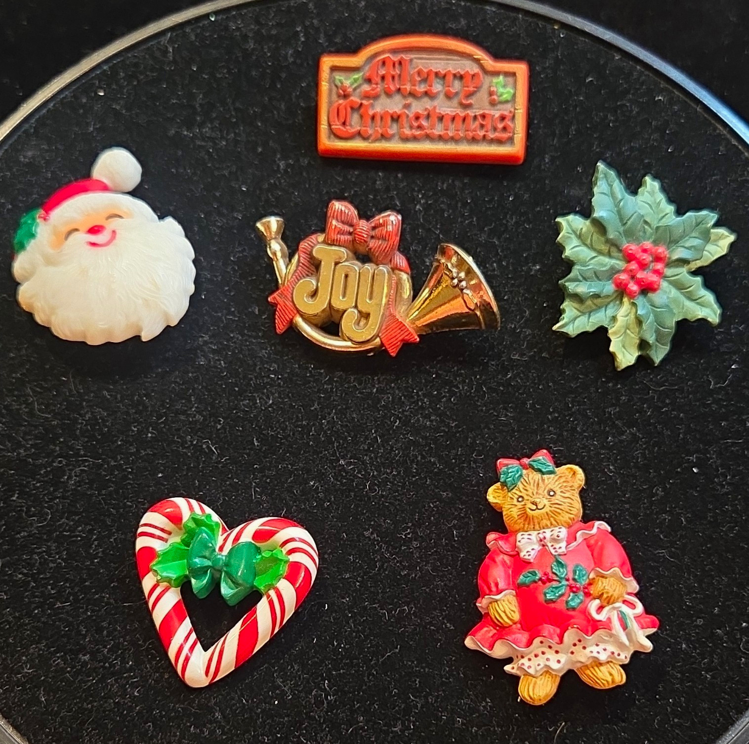 Hallmark Lot of 6 Christmas Brooch Pins Santa Joy Holly Candy Cane