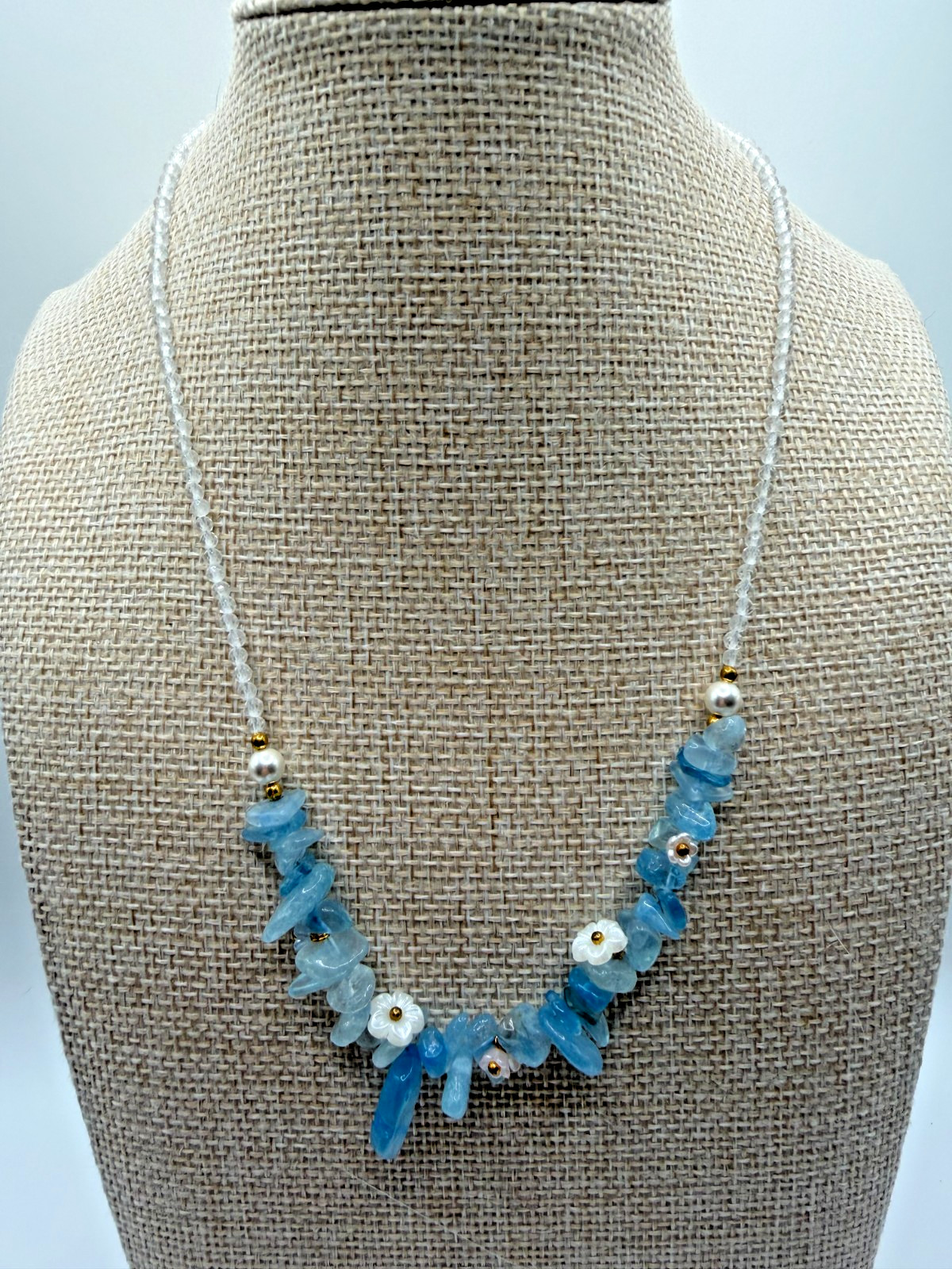 Natural Aquamarine & Clear Quartz Chip Necklace with Floral Accents – 17″ + 2″ E
