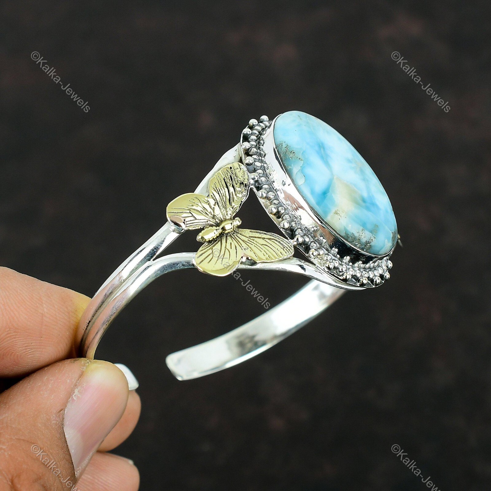 Natural Larimar Gemstone Bangle Butterfly Adjustable 925 Sterling Silver Jewelry