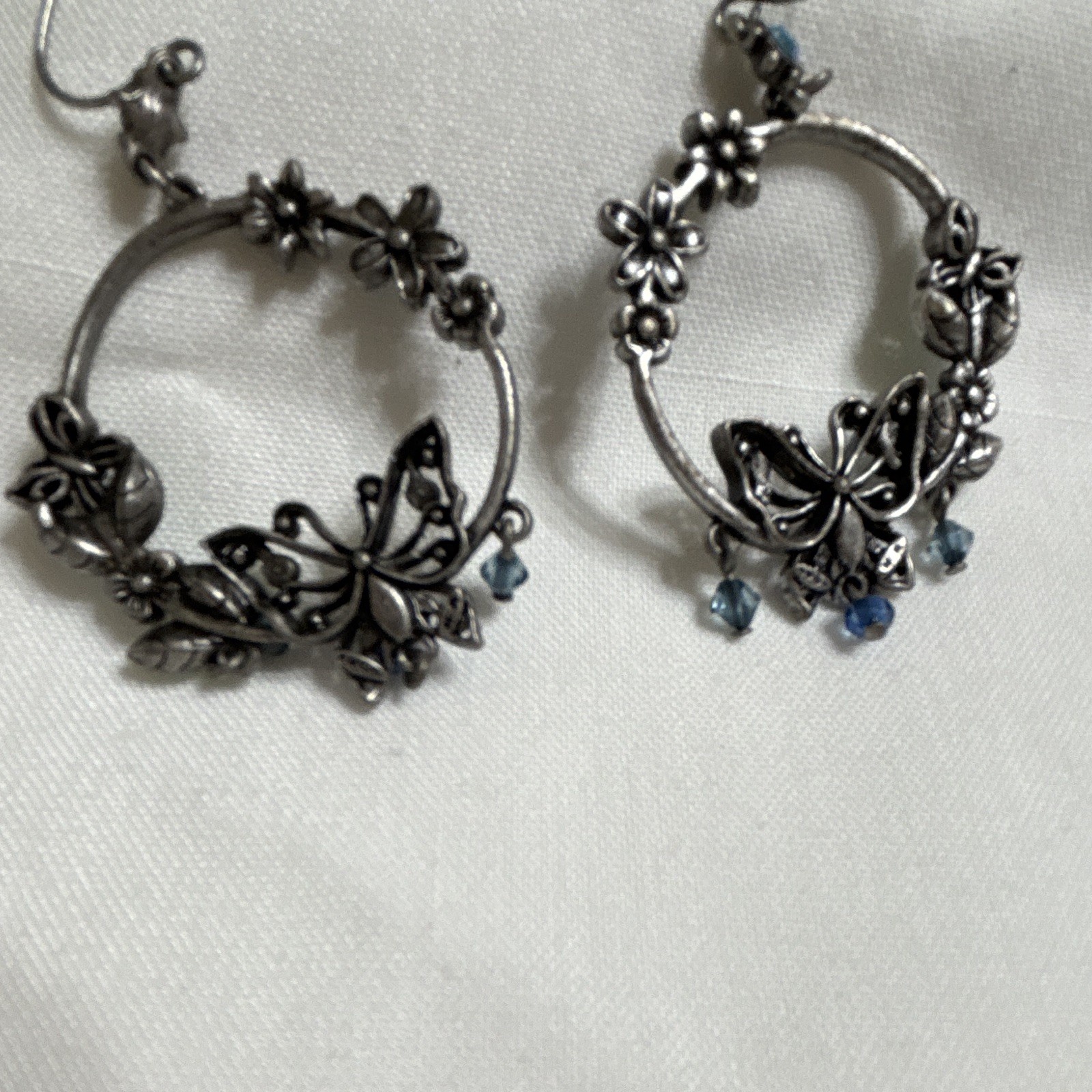 Silver Tone Butterfly Floral Hoop Dangle Hook Earrings Blue Green Crystals
