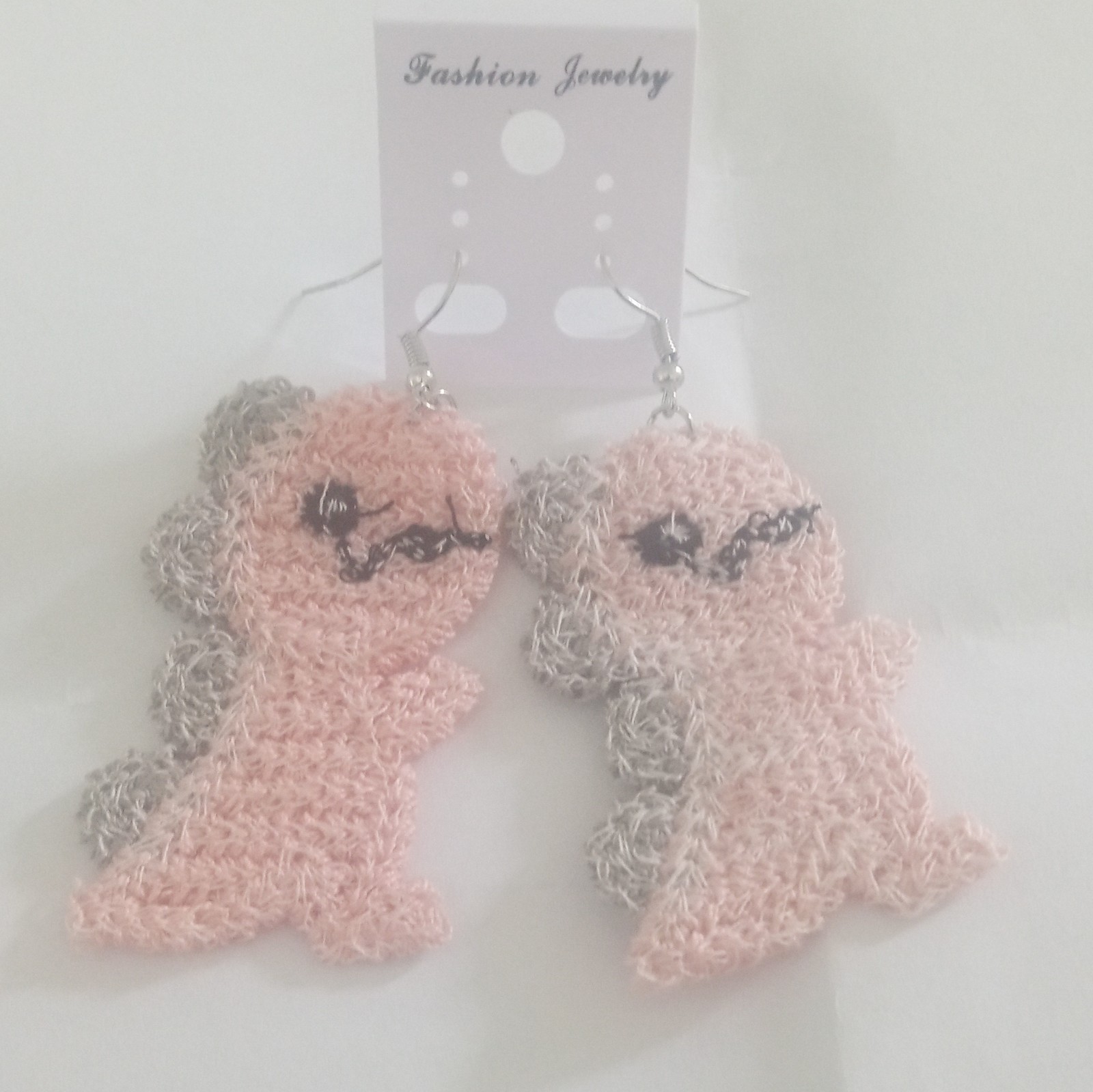 Pink & Gray Fabric Horse Dangle/Drop Hook Earrings, No Stone