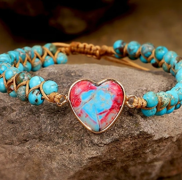 2025HOT!Natural Turquoise Stone Beaded Jasper Gemstone Heart Charm Bracelet Gift