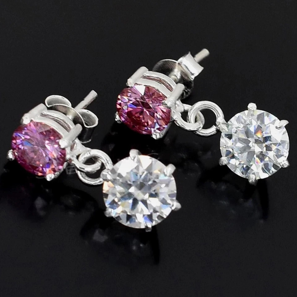 4.00Ct Certified Pink & White Diamond Solitaire Studs In 925 Sterling Silver