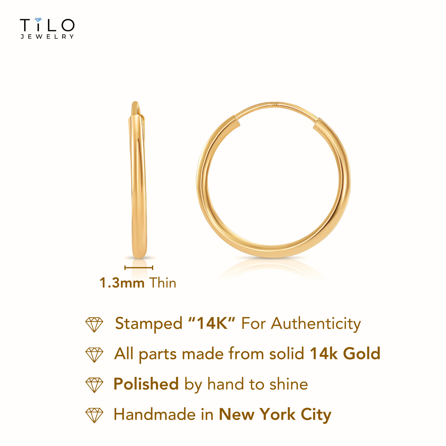 14K Real Solid Yellow Gold Everyday Hoop Earrings 1.3mm Tube Endless Hoops