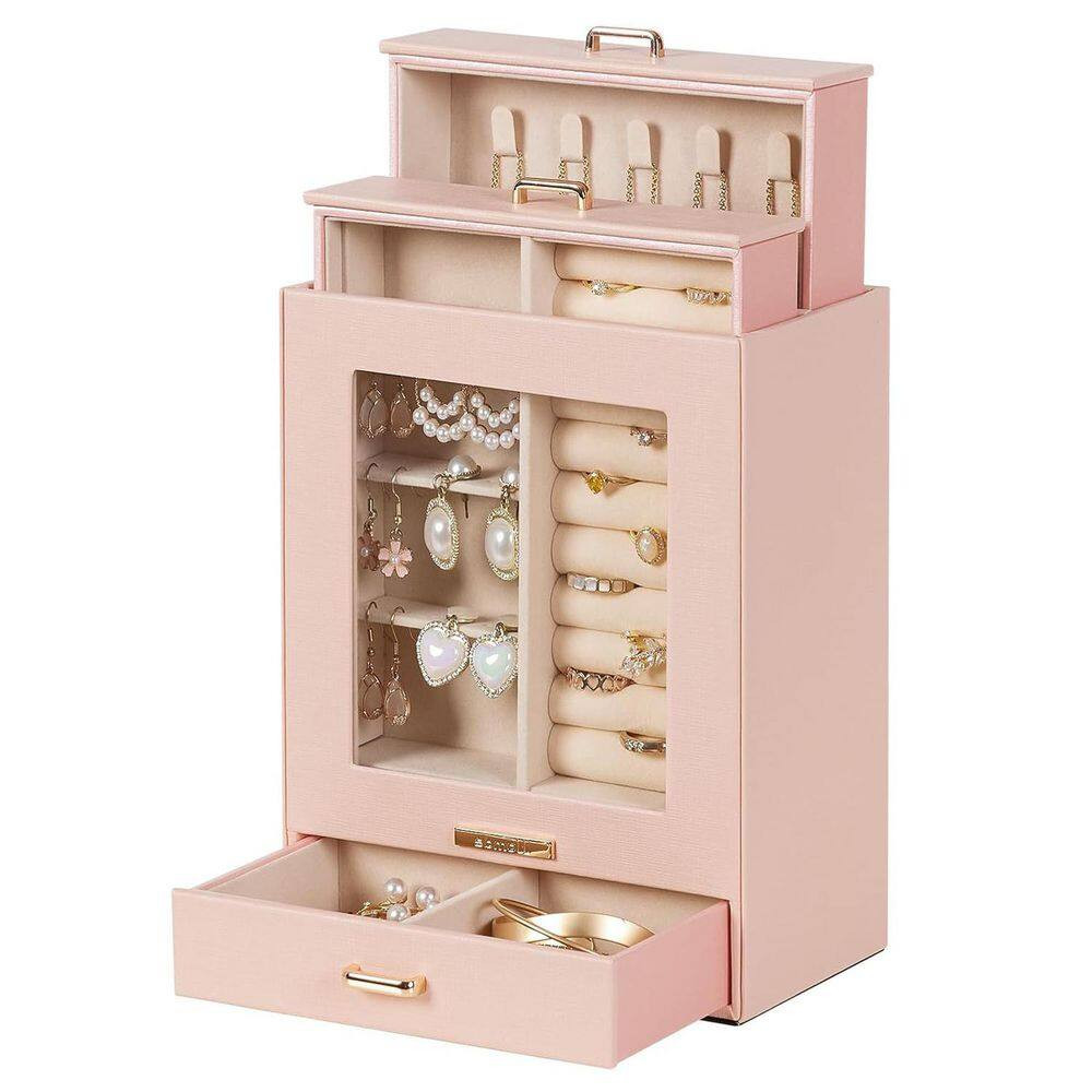 Peach Pink 7 In. X 9 In. Polyurethane Modern Jewelry Box with 3-Drawers