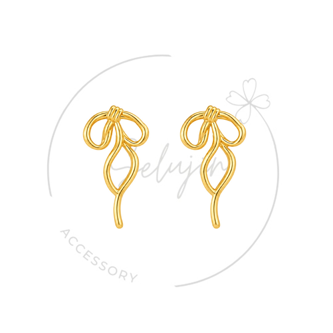 Handmade Gold Bow Earrings Women Wire Ribbon Stud Dangle Minimalist Trendy