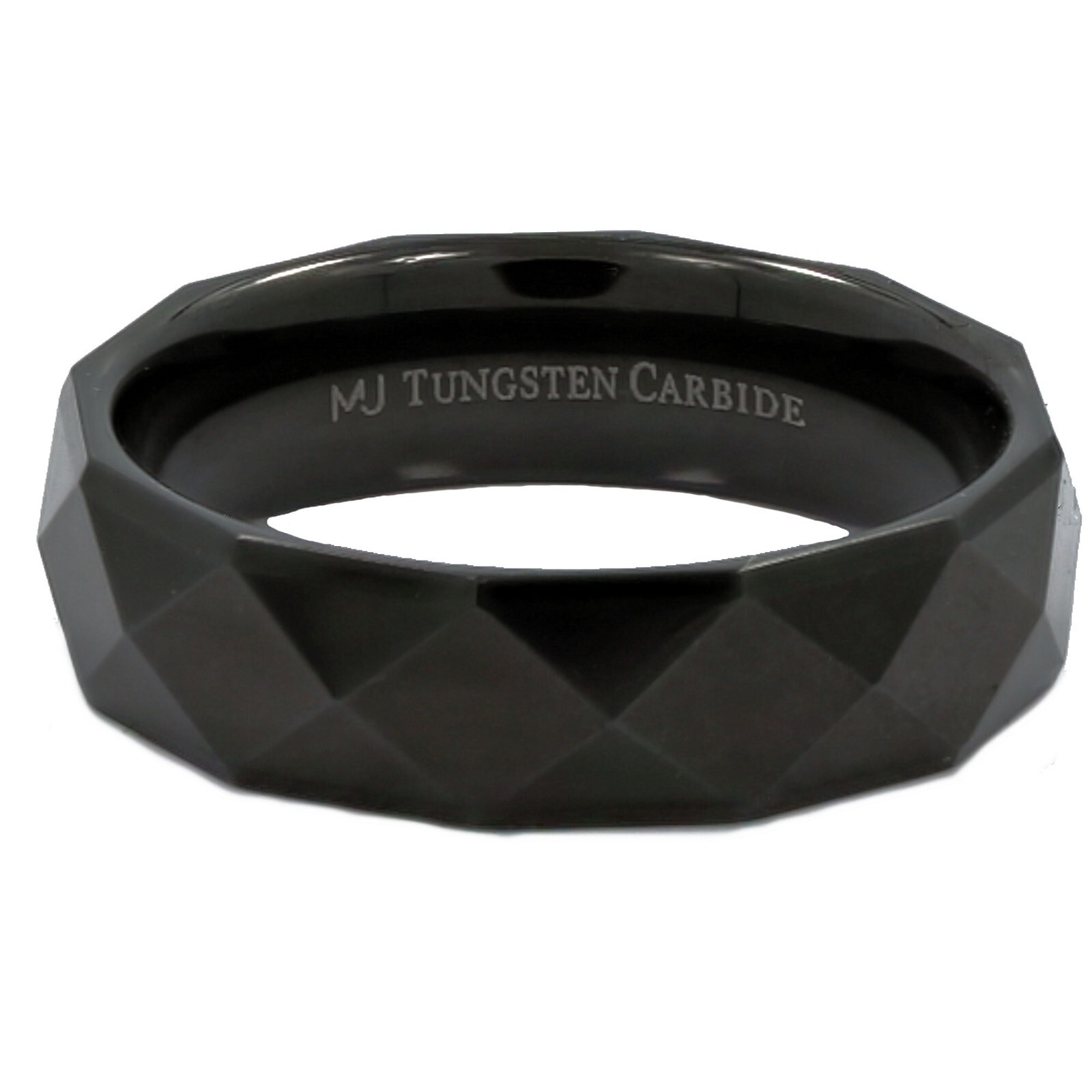 White Tungsten Carbide or Black Plated Multi Faceted Polished 6mm or 8mm Ring
