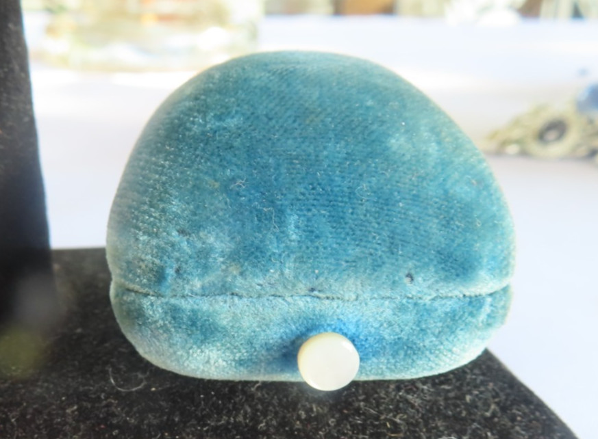 Antique blue velvet ring box with Mother of pearl button –