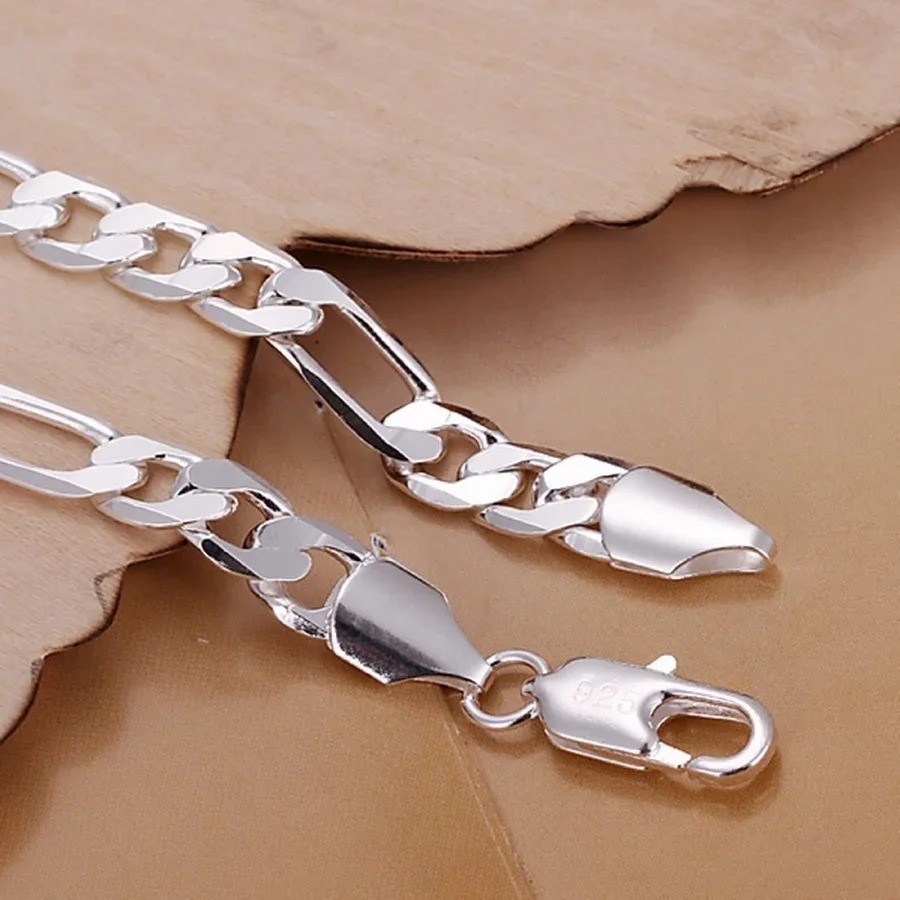 925 Sterling Silver Figaro Chain Bracelet 6-8mm Unisex Wedding Jewelry 20cm