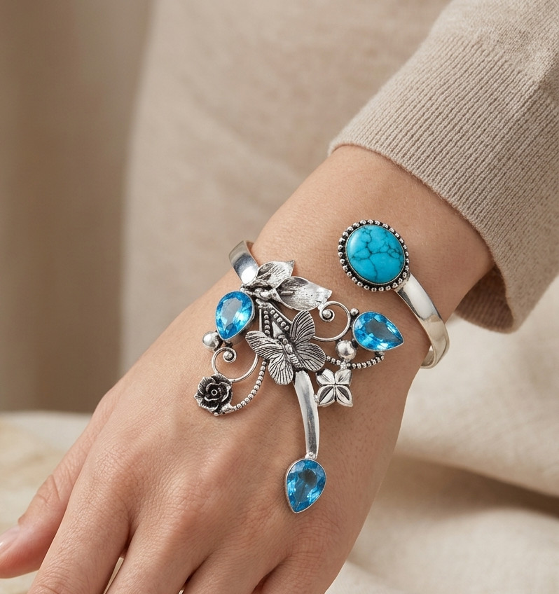 Turquoise Blue Topaz Cuff Bracelet 925 Sterling Silver Handmade ADJ Jewelry