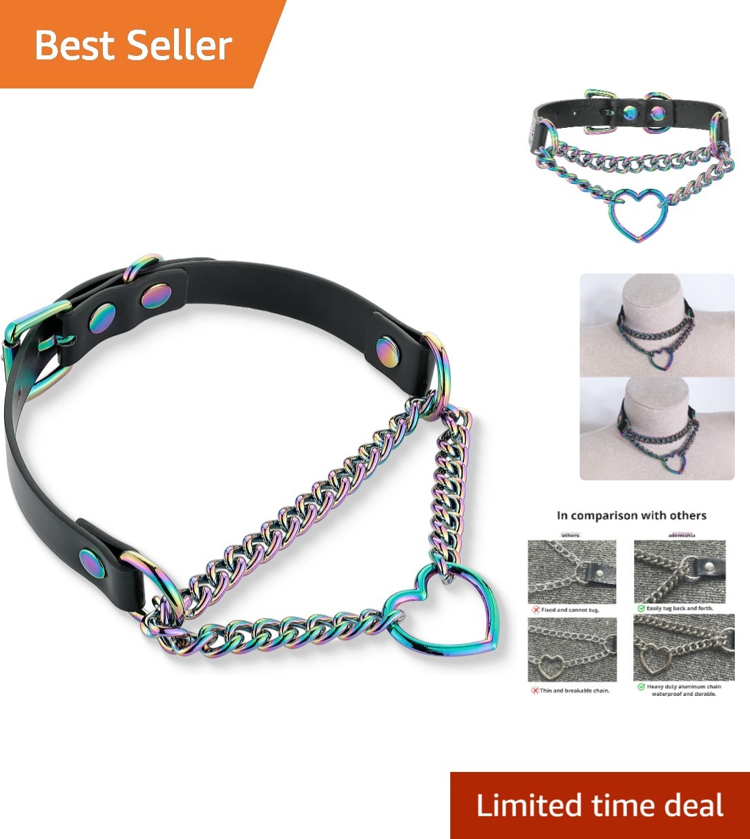 Unique Black Leather Choker with Rainbow Heart Ring, Adjustable Fit