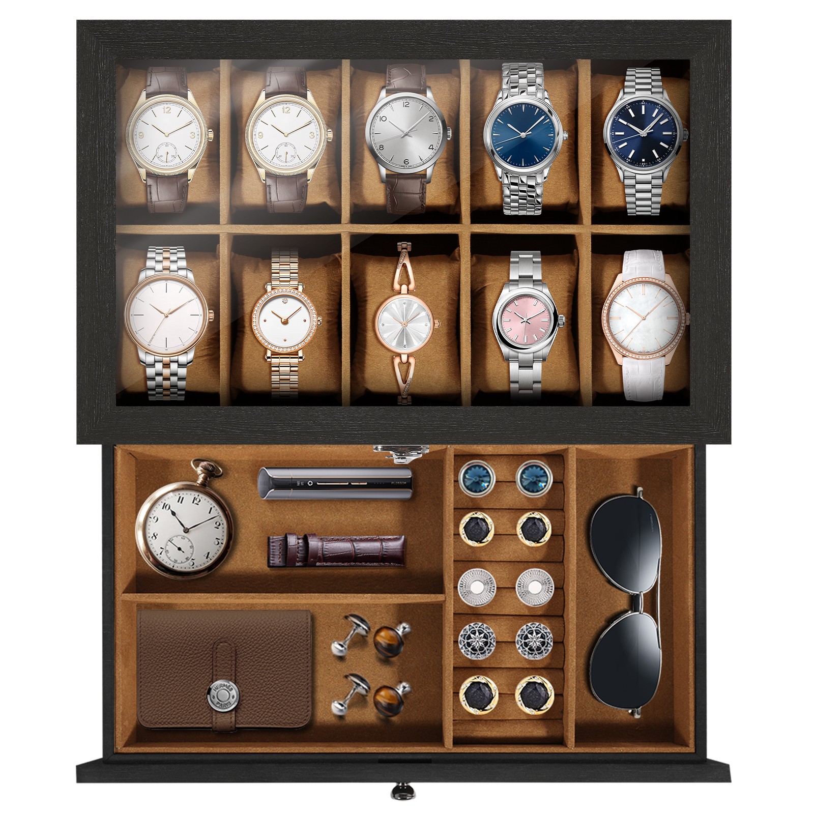 6-8-10-12 Slot Watch Box Solid Wood Watch Display Case Glass Lid Watch Holder