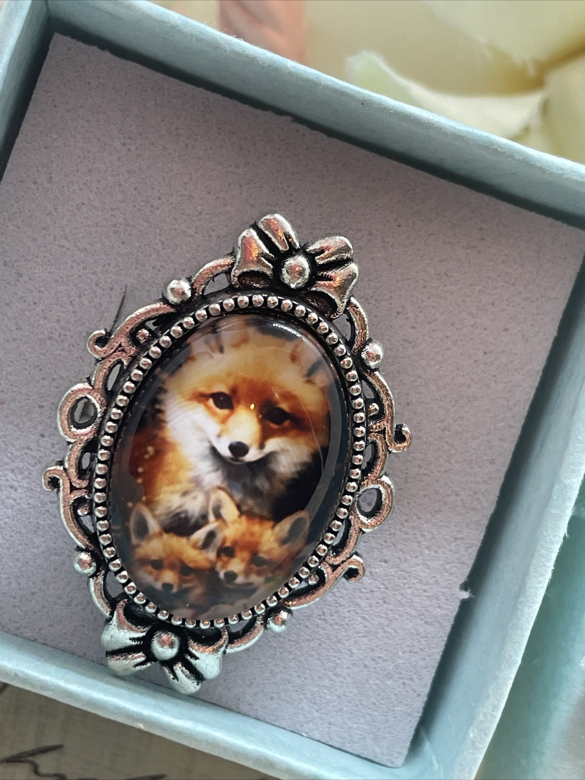 Silver Fox Family Kit Mom Nature Renaissance Gift Ring Adjustable Festival