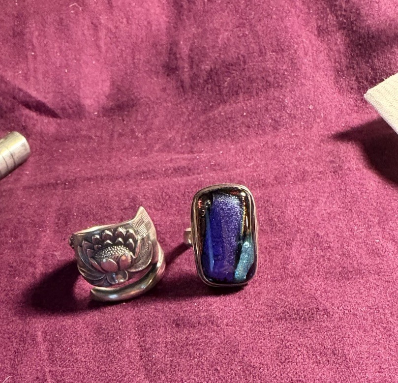 Lot Of Two: Sterling Designer Flower & Art Glass Ring Heavy Good Quality