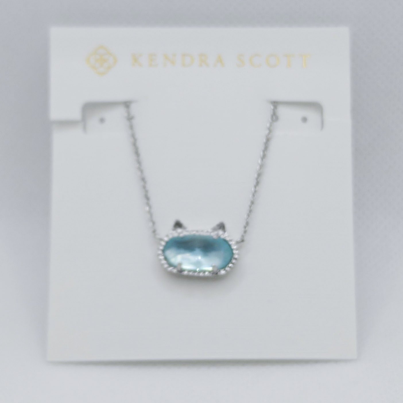 New Kendra Scott Elisa Silver Cat Kitty Pendant Necklace In Light Blue Illusion