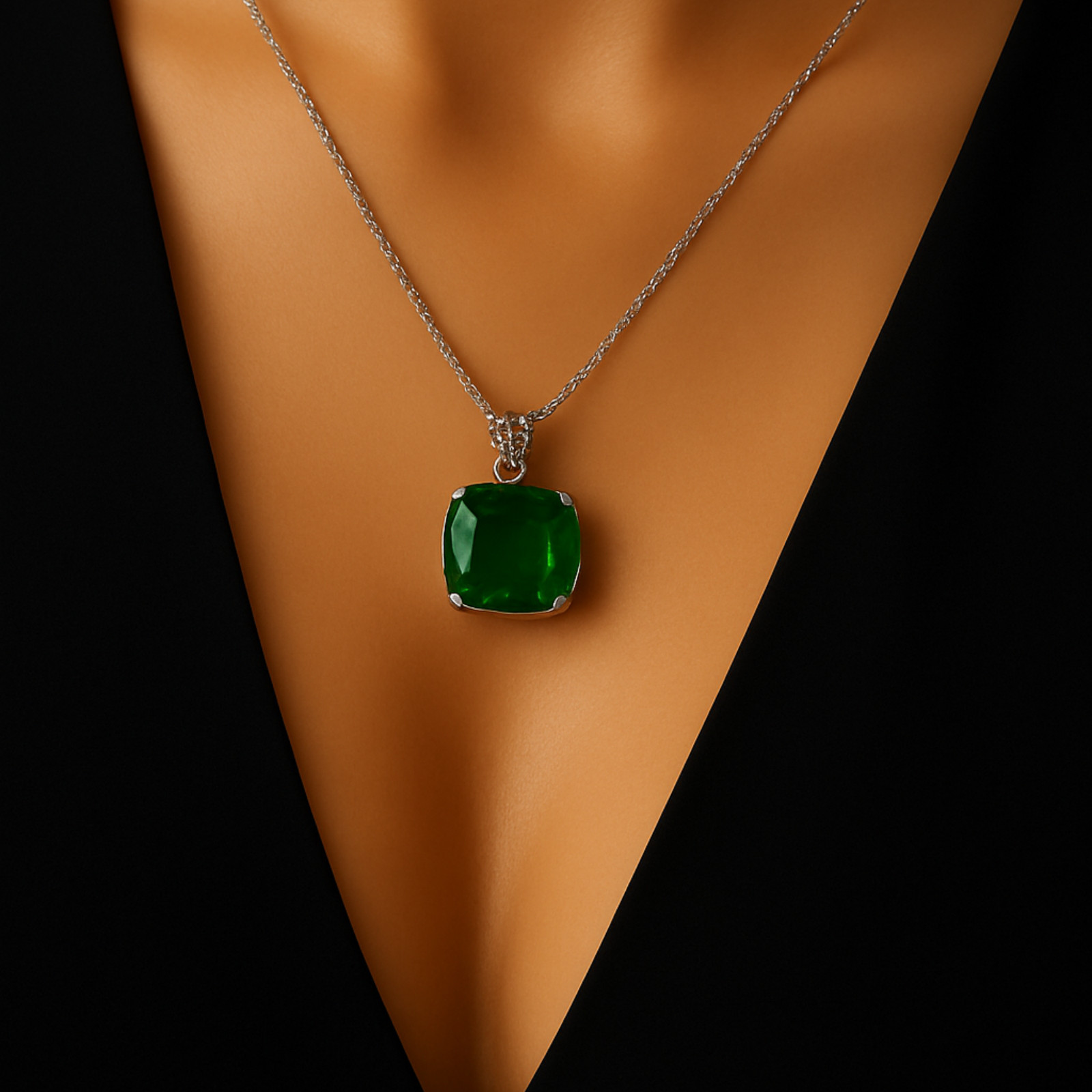 Handmade Green Emerald Crystal Pendant in Cushion Cut with Free Chain 70-80CT