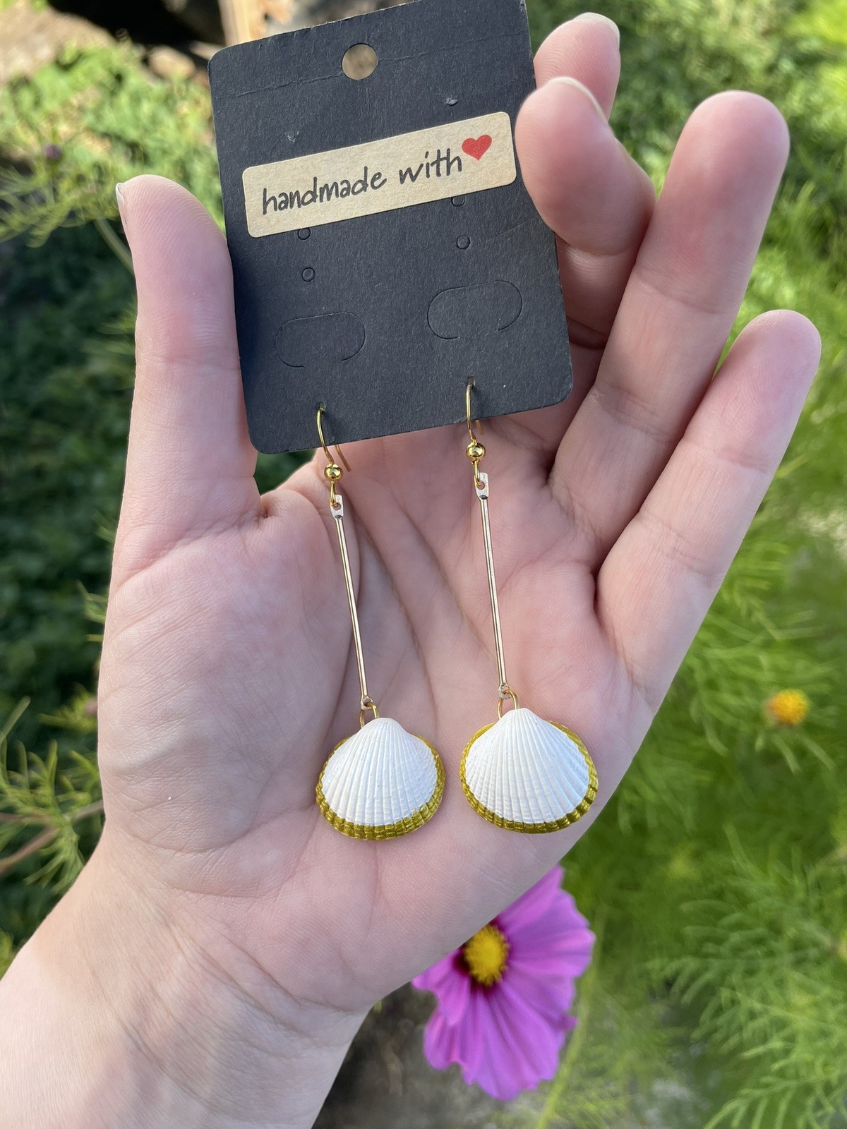 Handmade Gold Trim Coastal Beach Shell Drop Lined Dangle Jewellery Earrings Gift