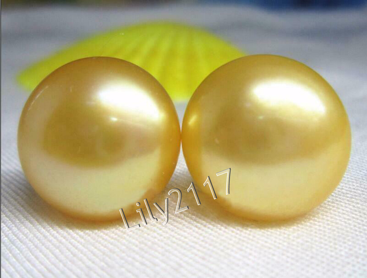 Huge Natural 13-14mm South Sea Golden Pearl Stud Earrings 14K White Gold AAA