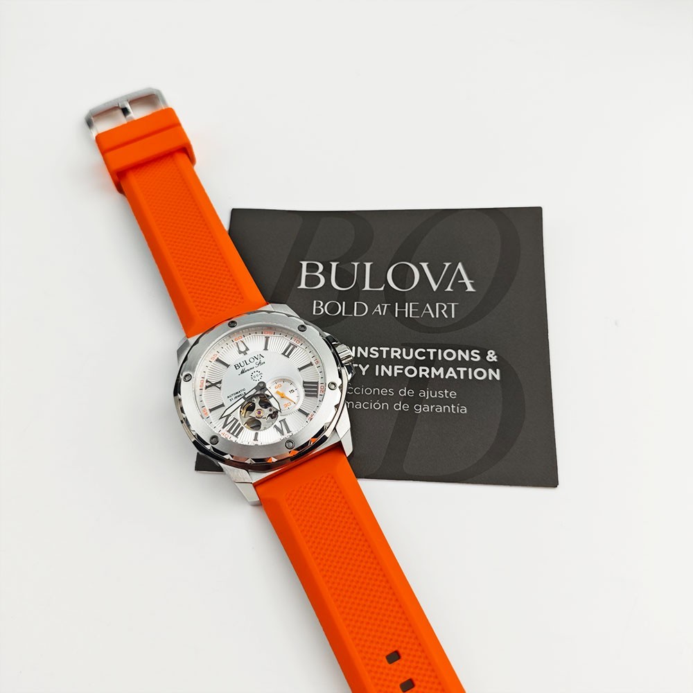 Bulova 98A226 Marine Star Silver Dial Orange Silicon Starp Men’s 45MM Watch NEW