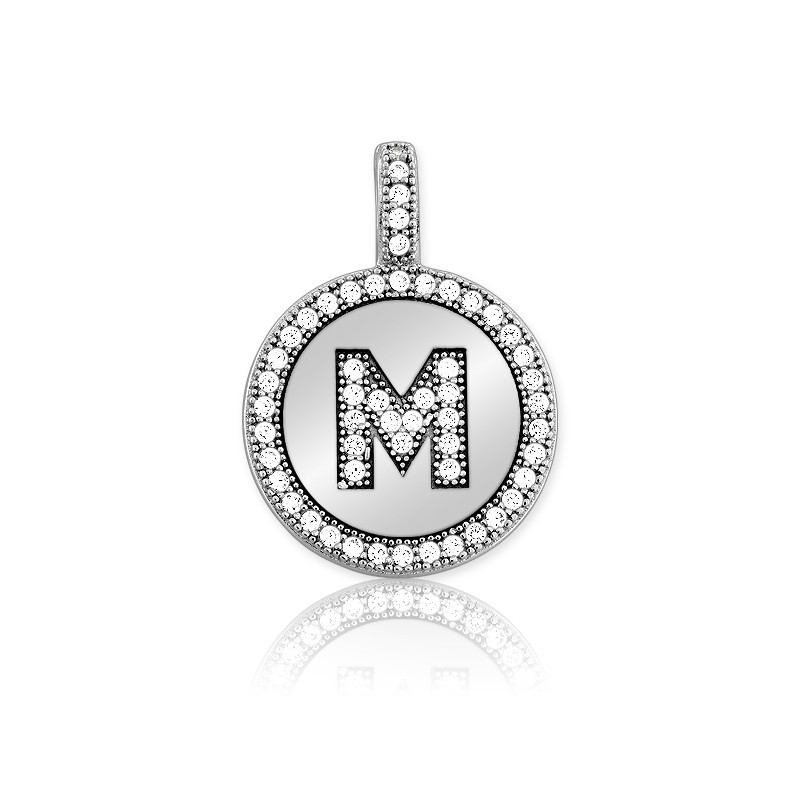 Sterling Silver Sparkling Micro Pave Circle “M” Pendant W/Chain Rhodium Plated