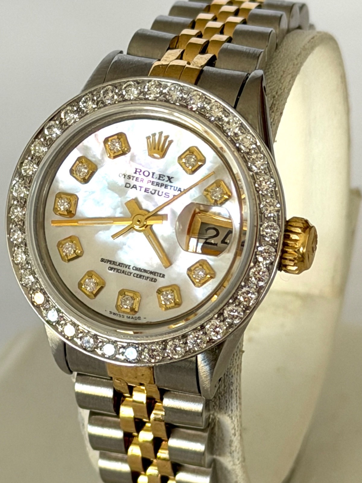 ROLEX LADIES WATCH DATEJUST TWO TONE 18K. GOLD MOP DIAMOND DIAL & DIAMOND BEZEL