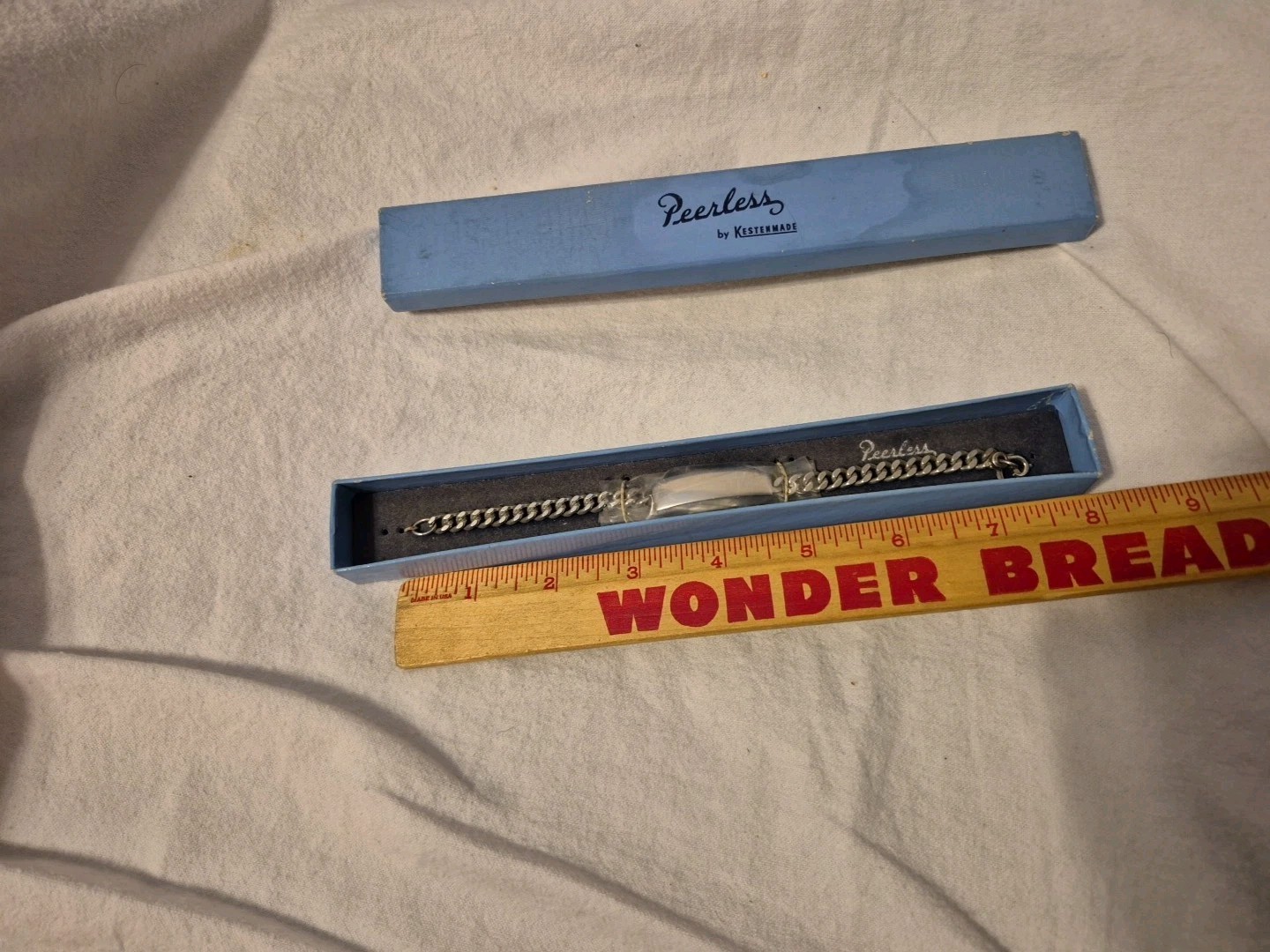 VTG PEERLESS SILVERPLATE ID BRACELET NEVER REMOVED FROM BOX READY FOR ENGRAVING